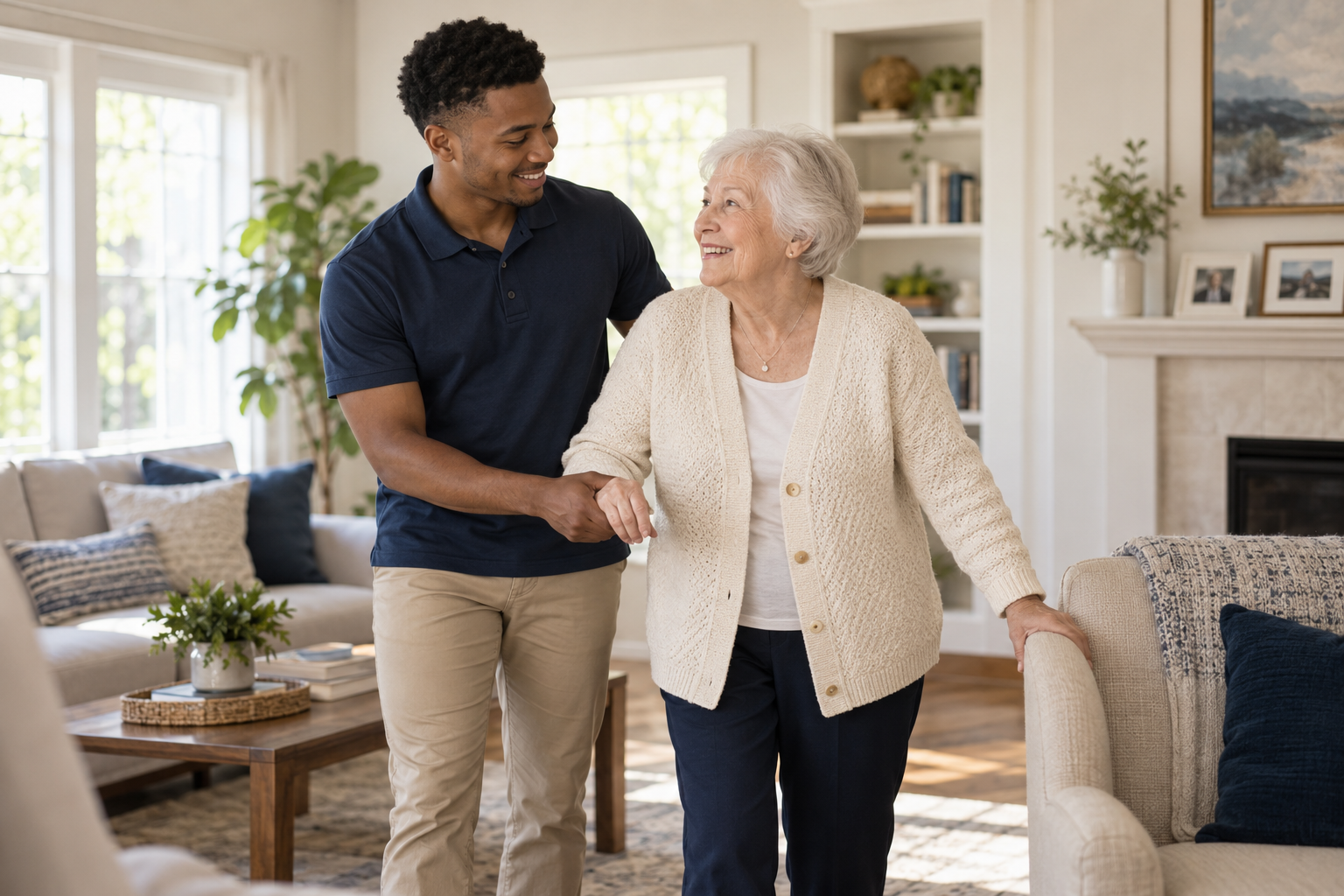 Young Black male caregiver assisting an older white woman at home
